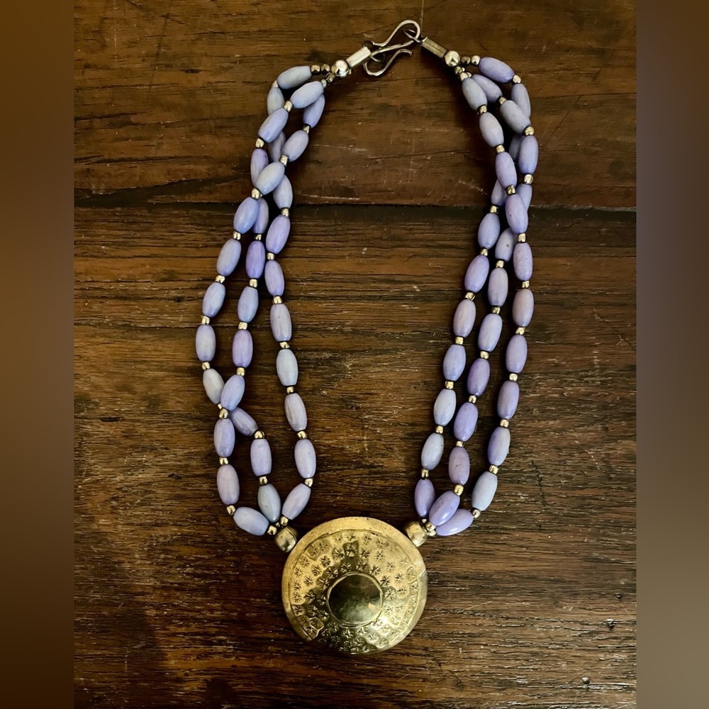 Vintage Periwinkle Purple Beaded Multi Strand Ethnic Medallion Necklace Boho